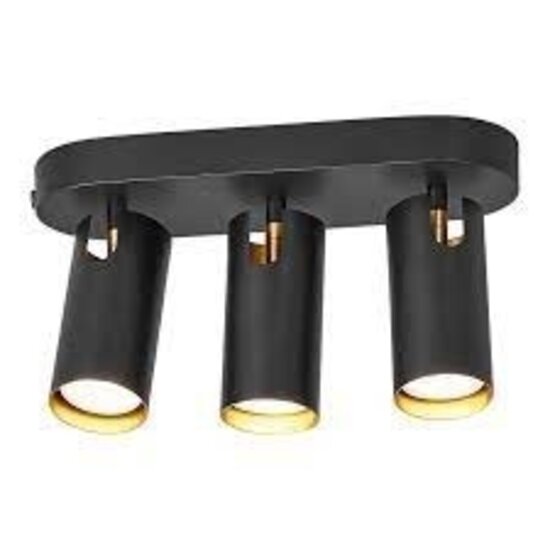 3-spot plafondlamp in zwart metaal met GU10 fitting, max. 25W per spot, IP20, klasse 2, lichtbron niet inbegrepen