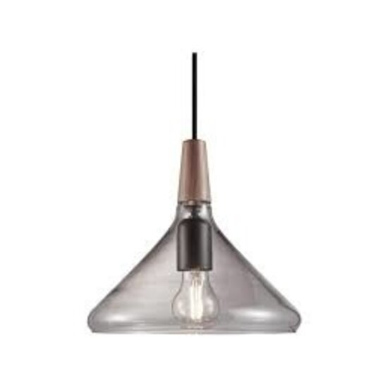 Lámpara colgante con tapa de nogal aceitado certificado FSC y pantalla de vidrio ahumado, casquillo E27 máx. 60W, regulable con bombilla compatible