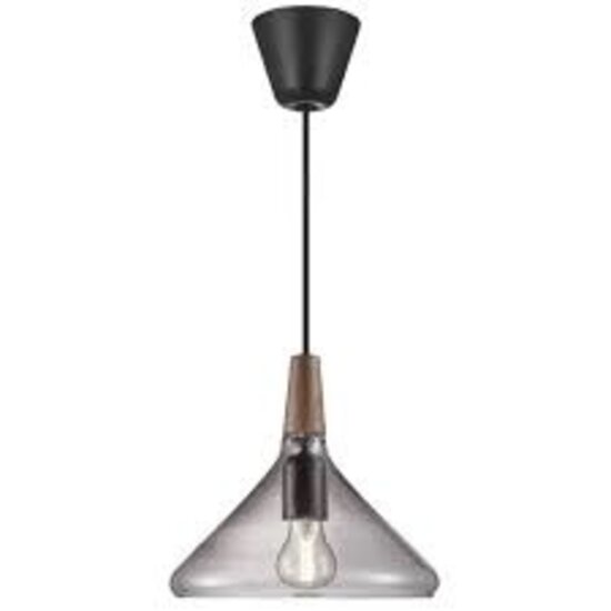 Hanglamp met top van geolied walnotenhout (FSC) en lampenkap van gerookt glas, fitting E27 max. 60W, dimbaar met compatibele lamp