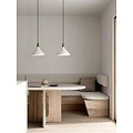 Pendant lamp with white metal frame and oiled FSC-certified walnut top, E27 socket, dimmable with compatible bulb, IP20