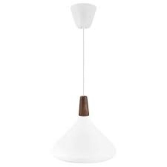Lámpara colgante con marco metálico blanco y top de nogal aceitado certificado FSC, casquillo E27, regulable con bombilla compatible, IP20