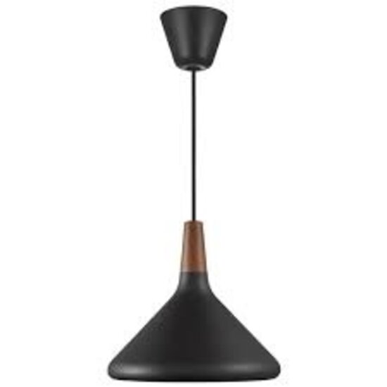Lámpara colgante con estructura metálica negra y tapa de nogal aceitado certificado FSC, casquillo E27, regulable con bombilla compatible