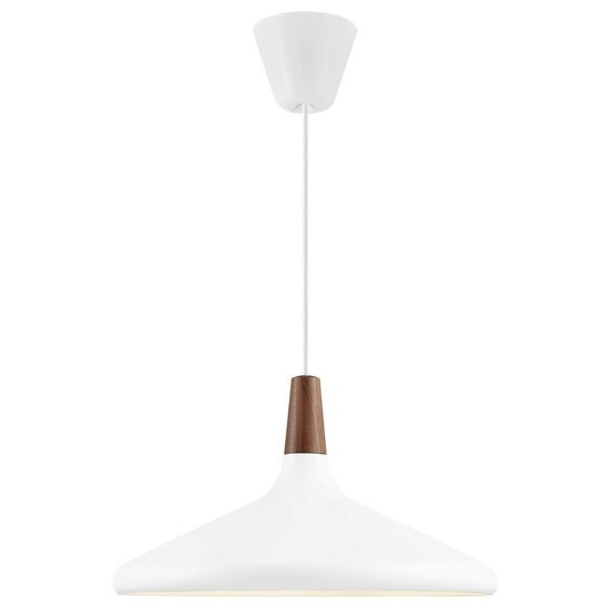 Hängelampe mit FSC-zertifizierter geölter Nussbaumplatte, Ø39 cm, weißer Metallrahmen, E27-Fassung, IP20