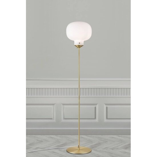 Floor lamp with opal white glass shade and metal base, E27 socket, max 15W, bulb not included, 150 cm tall, IP20