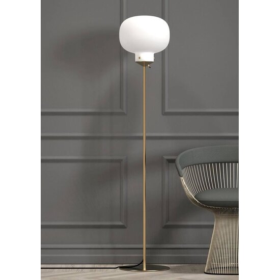 Floor lamp with opal white glass shade and metal base, E27 socket, max 15W, bulb not included, 150 cm tall, IP20