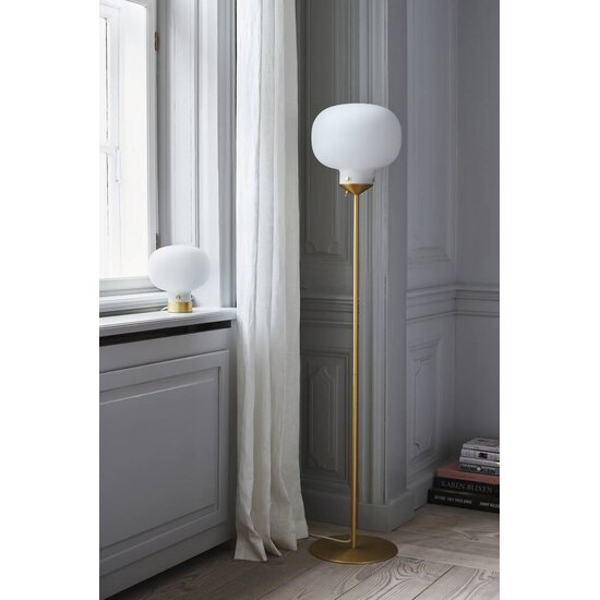 Floor lamp with opal white glass shade and metal base, E27 socket, max 15W, bulb not included, 150 cm tall, IP20