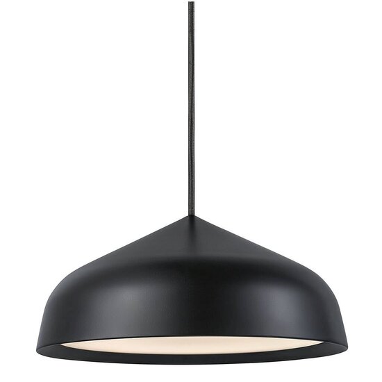 Runde Pendelleuchte Ø25 cm aus schwarzem Metall mit Kunststoffdetails, dimmbares 12W-LED-Modul, IP20, Kabel 300 cm