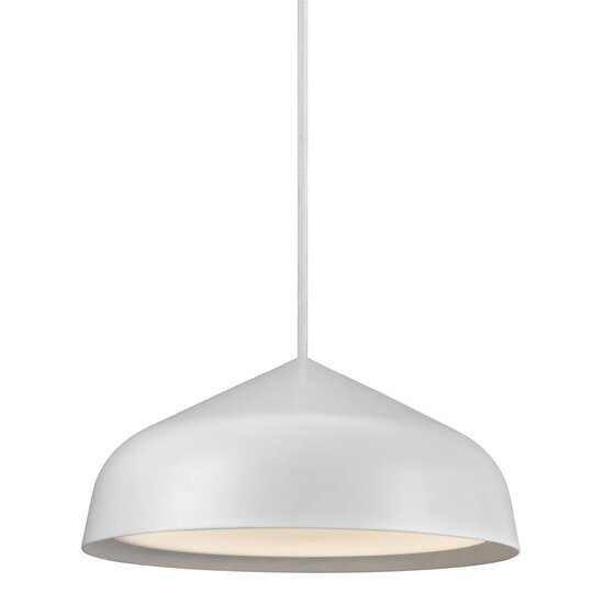 Runde Pendelleuchte in Weiß aus Metall und Kunststoff, Ø25 cm, dimmbares 12W-LED-Modul inklusive, weißes Textilkabel 300 cm, IP20