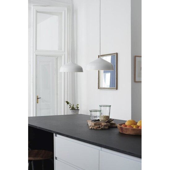 Lámpara colgante redonda en blanco de metal y plástico, Ø25 cm, módulo LED 12W regulable incluido, cable textil blanco 300 cm, IP20