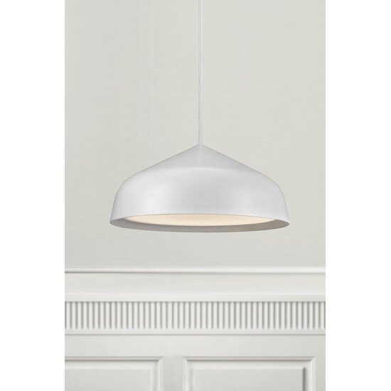 Ronde hanglamp in wit metaal en kunststof, Ø25 cm, met dimbare 12W LED-module incl., witte textielkabel 300 cm, IP20