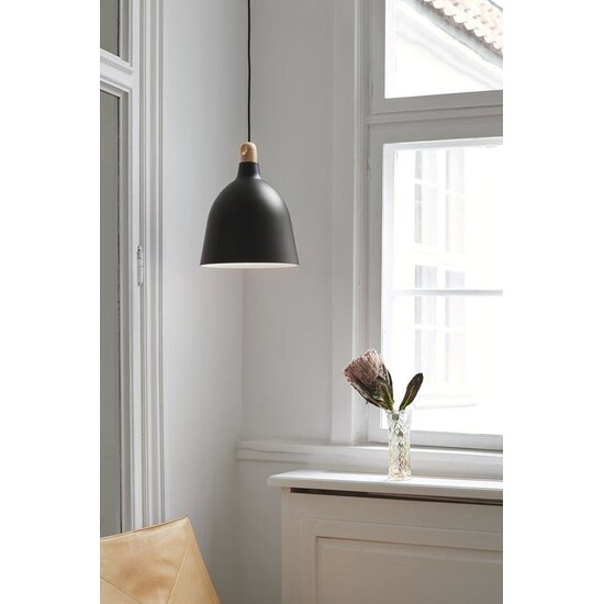Hanglamp in metaal en hout, Ø29 cm, zwart, E27 fitting max 60W, dimbaar met compatibele lamp, IP20
