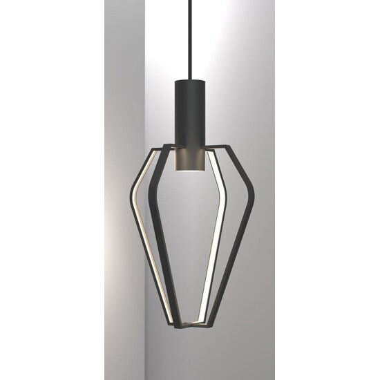 Suspension design avec 4 points lumineux GU10, dimmable, abat-jour en métal noir, hauteur 47,5 cm, diamètre 27,5 cm, IP20.