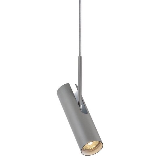 Cilindrische plafondlamp in grijs metaal, hoogte 27 cm, GU10 fitting max. 8W, IP20, dimbaar met geschikte lamp, kabel 300 cm