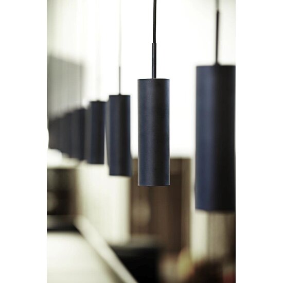 Zylindrische Deckenleuchte aus schwarzem Metall, GU10-Fassung max. 8W, verstellbare Hängehöhe 300 cm, dimmbar, IP20
