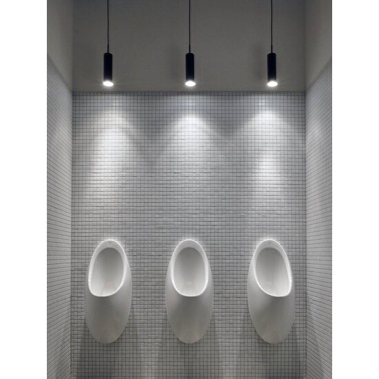 Zylindrische Deckenleuchte aus schwarzem Metall, GU10-Fassung max. 8W, verstellbare Hängehöhe 300 cm, dimmbar, IP20