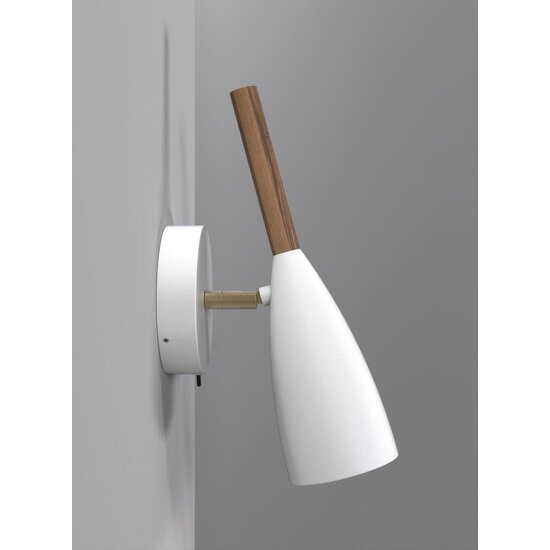 Adjustable cylindrical wall lamp in white metal with wooden detail, GU10 socket max 8W, dimmable