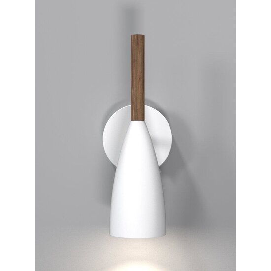 Adjustable cylindrical wall lamp in white metal with wooden detail, GU10 socket max 8W, dimmable