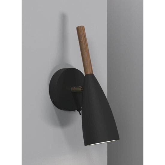 Verstelbare wandlamp in zwart metaal met houten details, GU10-fitting (excl. lichtbron), hoogte 26 cm, kabel 180 cm, dimbaar met dimbare lamp, IP20