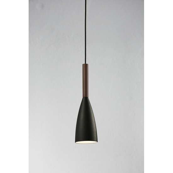 Lámpara colgante de metal negro con detalle de madera, casquillo E27, máx. 40W, altura 35 cm, pantalla Ø10 cm, regulable con bombilla adecuada