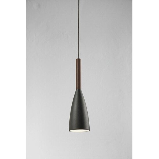 Hanglamp grijs met metalen body en houten detail, E27 fitting, max. 40W, IP20, hoogte 35 cm