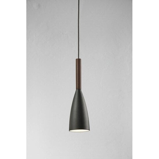 Pure suspension conique gris métal, dessus en noyer huilé, douille E27, 355mm, Ø100mm, câble 300cm, IP20