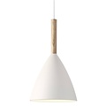 Weiße Pendelleuchte mit Metallrahmen und Holzdetail, E27-Fassung max. 40W, Ø20 cm, H35 cm, IP20, dimmbar mit kompatibler Lampe