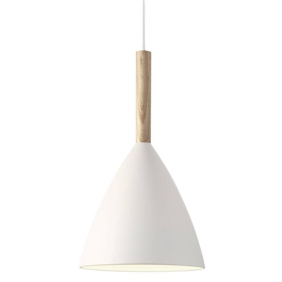 Weiße Pendelleuchte mit Metallrahmen und Holzdetail, E27-Fassung max. 40W, Ø20 cm, H35 cm, IP20, dimmbar mit kompatibler Lampe
