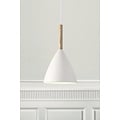 Weiße Pendelleuchte mit Metallrahmen und Holzdetail, E27-Fassung max. 40W, Ø20 cm, H35 cm, IP20, dimmbar mit kompatibler Lampe