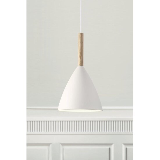 Weiße Pendelleuchte mit Metallrahmen und Holzdetail, E27-Fassung max. 40W, Ø20 cm, H35 cm, IP20, dimmbar mit kompatibler Lampe