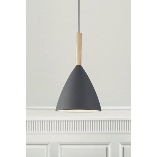 Lámpara colgante con pantalla gris de metal y detalles de madera, casquillo E27 (bombilla no incl.), regulable, IP20, altura 35 cm