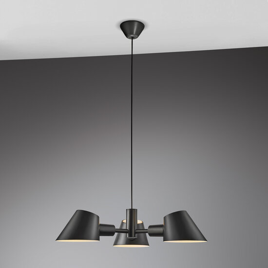Suspension 3 têtes E27 noire, aluminium, IP20, 3x max 28W, câble 300 cm, diamètre 60 cm