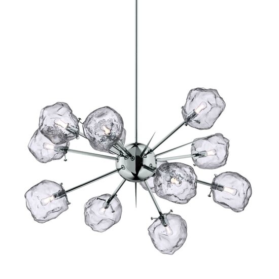 Rock star-shaped pendant lamp, 12 x G9 chrome with glass, diameter 930 mm, height adjustable 620-1420 mm, bulb not included
