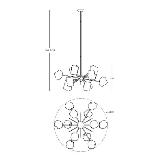 Rock suspension à 12 bras G9 en métal doré, blocs de verre, hauteur réglable 620-1420 mm, Ø930 mm