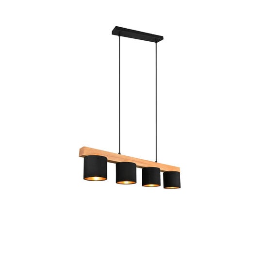 Suspension Cameron en bois naturel, 4x E14 (max. 28W), noir extérieur et or intérieur, 150 x 75 x 12 cm, IP20