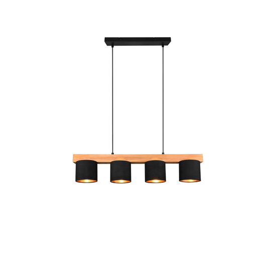Cameron hanglamp van natuurlijk hout, 4x E14 (max. 28W), zwart buiten en goud binnen, 150 x 75 x 12 cm, IP20