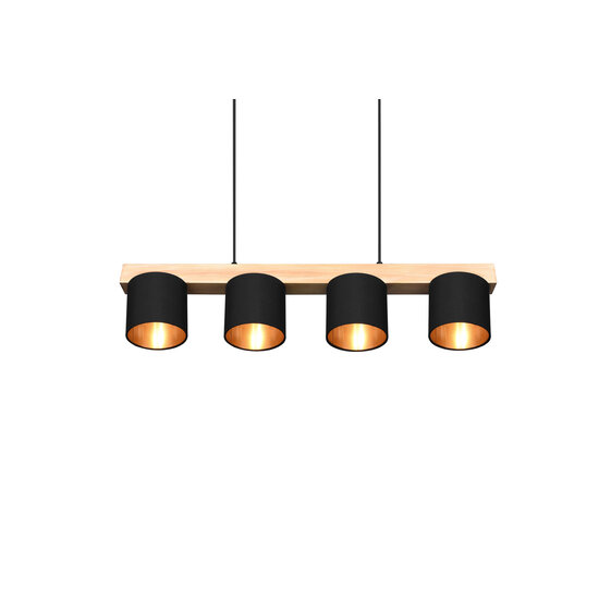 Cameron hanglamp van natuurlijk hout, 4x E14 (max. 28W), zwart buiten en goud binnen, 150 x 75 x 12 cm, IP20