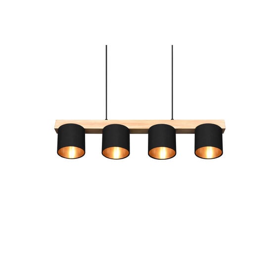 Suspension Cameron en bois naturel, 4x E14 (max. 28W), noir extérieur et or intérieur, 150 x 75 x 12 cm, IP20