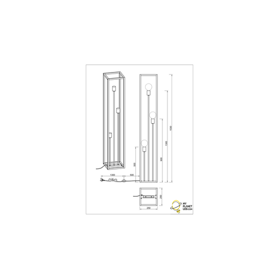 Vito lampadaire en métal noir mat, douille 3x E27 max 10W, dimensions 153 x 25 x 25 cm, ampoule non incluse, IP20