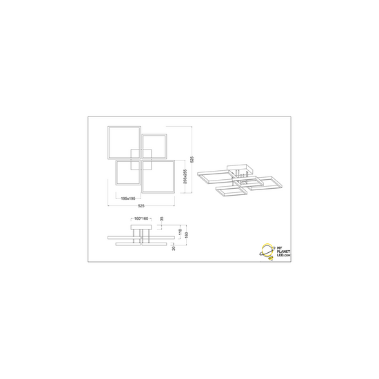 Sorrento plafón LED, forma de bloque, 24W 3000K blanco cálido, 2400 lúmenes, metal negro mate, 52,5 x 16 x 52,5 cm, regulable mediante interruptor