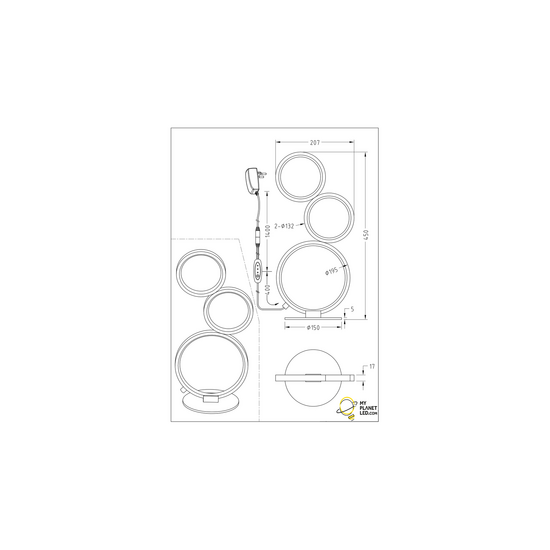 Rondo lámpara de mesa LED con aros, 17W LED SMD 1500 lúmenes, 3000K blanco cálido, negro mate, IP20, regulable con dimmer en el cable