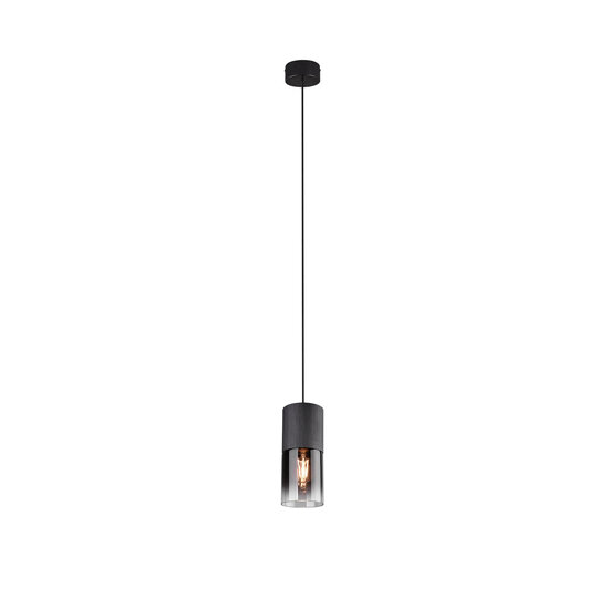 Smokey hanglamp met 1xE27 fitting, mat zwart, metalen behuizing, hoogte 150 cm, diameter 10 cm, IP20, lichtbron niet inbegrepen