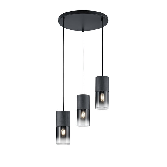 Robin Hängelampe, runde Form aus mattschwarzem Metall mit Smokey-Finish, 3x E27-Fassung, exkl. Leuchtmittel, Höhe 150 cm, Durchmesser 37 cm, IP20