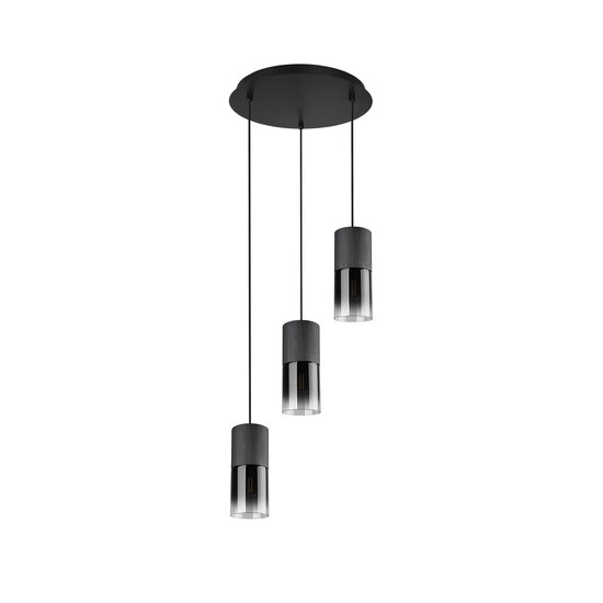 Robin Hängelampe, runde Form aus mattschwarzem Metall mit Smokey-Finish, 3x E27-Fassung, exkl. Leuchtmittel, Höhe 150 cm, Durchmesser 37 cm, IP20