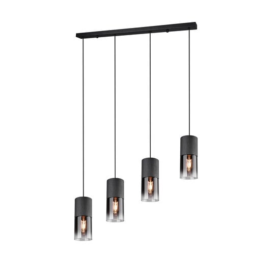 Lámpara colgante Robin de Trio Lighting, 4x E27, brazos regulables, metal negro mate con tulipas de cristal ahumado, 80,5x150 cm, IP20