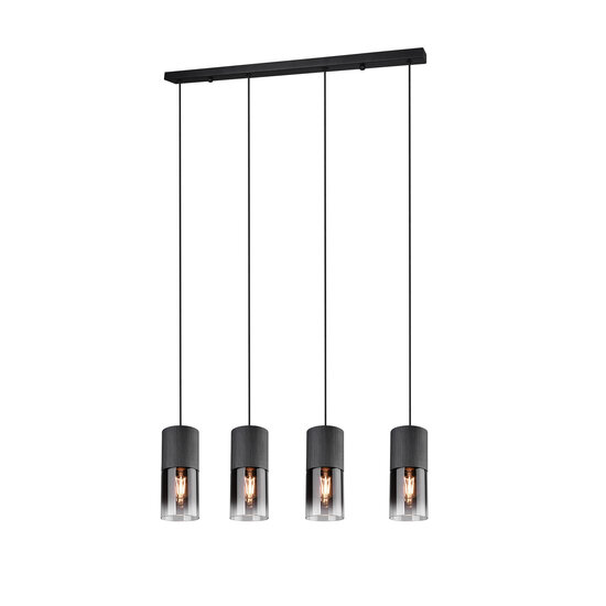 Robin hanglamp van Trio Lighting, 4x E27 fitting, verstelbare armen, mat zwart metaal met rookglazen kappen, 80,5x150 cm, IP20