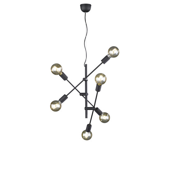 Cross Hängelampe mit 6 drehbaren Armen, E27-Fassung max. 28W, mattschwarzes Metall, Höhe 150 cm, Durchmesser 54,5 cm, IP20.