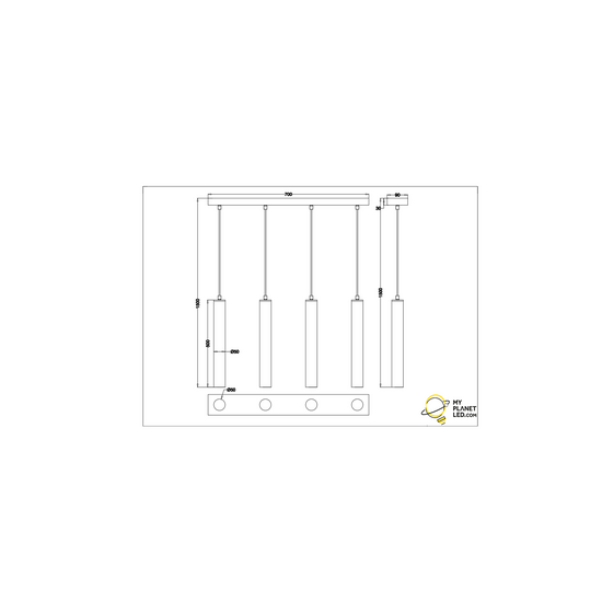 Clermont suspension noir mat en métal, 4x E27 max 10W sans ampoule, 70x150x9 cm, IP20
