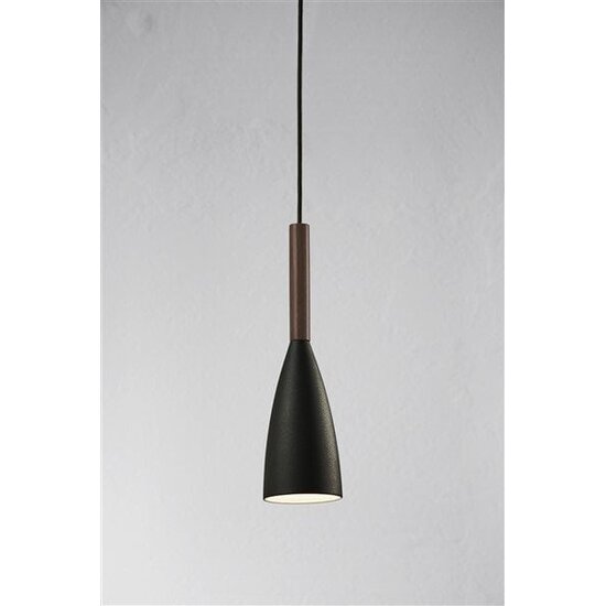Pure pendant light, conical grey metal with walnut top, E27 fitting, 355mm high, Ø100mm shade, 300cm cable, IP20