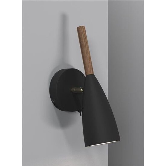 Lámpara de pared orientable en metal negro con detalle de madera, casquillo GU10 (bombilla no incl.), altura 26 cm, regulable con bombilla compatible, IP20
