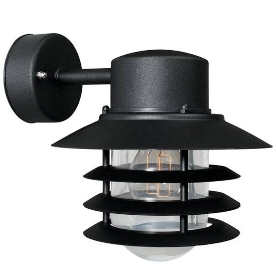 Vejers wandlamp buiten, zwart metaal met glazen kap, neerwaartse lichtbundel, fitting E27, IP54 plensdicht, diameter 220mm